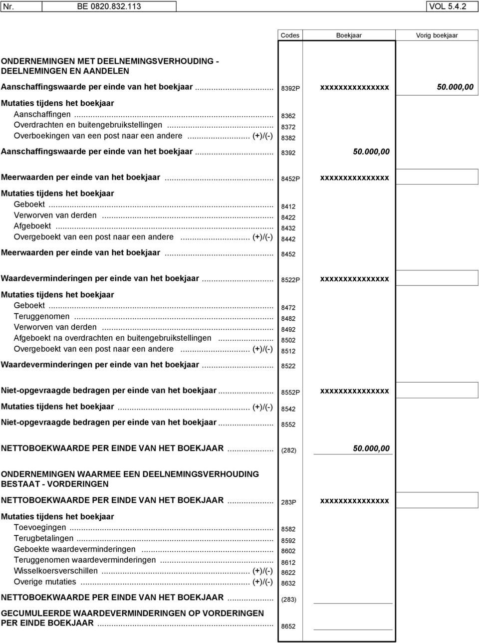 .. (+)/(-) 8362 8372 8382 Aanschaffingswaarde per einde van het boekjaar... 8392 50.000,00 Meerwaarden per einde van het boekjaar... 8452P xxxxxxxxxxxxxxx Mutaties tijdens het boekjaar Geboekt.