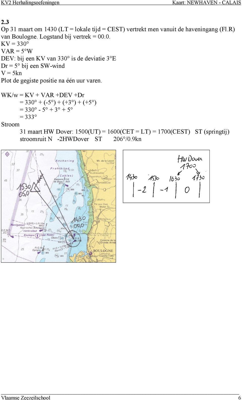 .0. KV = 330 VAR = 5 W DEV: bij een KV van 330 is de deviatie 3 E Dr = 5 bij een SW-wind V = 5kn Plot de gegiste positie