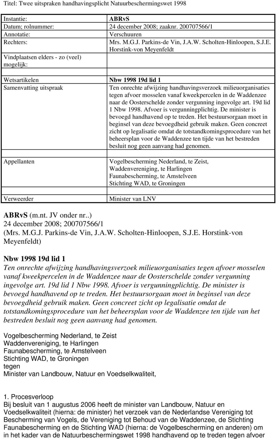 Horstink-von Meyenfeldt Wetsartikelen Nbw 1998 19d lid 1 Samenvatting uitspraak Ten onrechte afwijzing handhavingsverzoek milieuorganisaties tegen afvoer mosselen vanaf kweekpercelen in de Waddenzee
