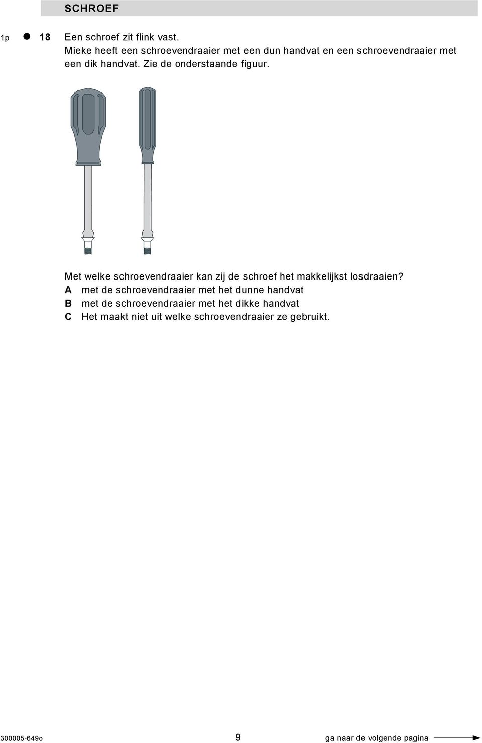 Zie de onderstaande figuur. Met welke schroevendraaier kan zij de schroef het makkelijkst losdraaien?