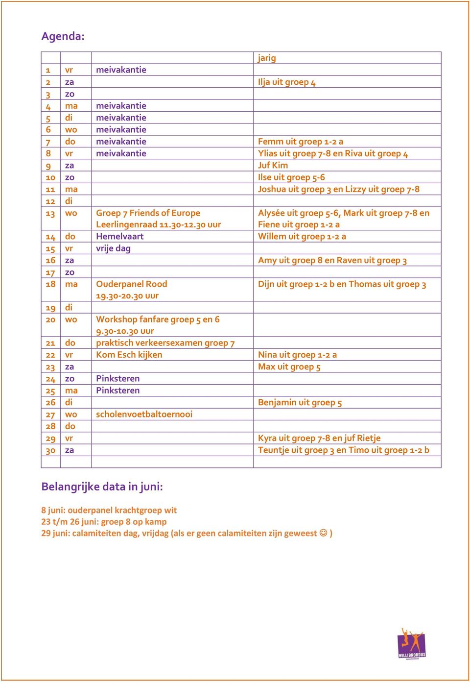 30 uur Alysée uit groep 5-6, Mark uit groep 7-8 en Fiene uit groep 1-2 a 14 do Hemelvaart Willem uit groep 1-2 a 15 vr vrije dag 16 za Amy uit groep 8 en Raven uit groep 3 17 zo 18 ma Ouderpanel Rood