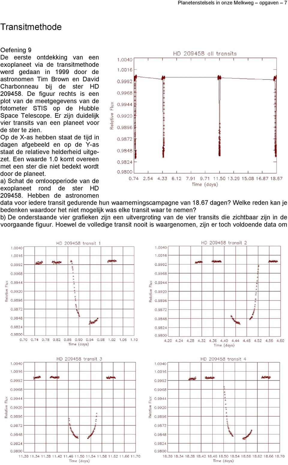 Er zijn duidelijk vier transits van een planeet voor de ster te zien. Op de X-as hebben staat de tijd in dagen afgebeeld en op de Y-as staat de relatieve helderheid uitgezet. Een waarde 1.