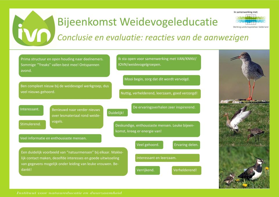 Nuttig, verhelderend, leerzaam, goed verzorgd! Interessant. Stimulerend. Benieuwd naar verder nieuws over lesmateriaal rond weidevogels. De ervaringsverhalen zeer inspirerend. Duidelijk!