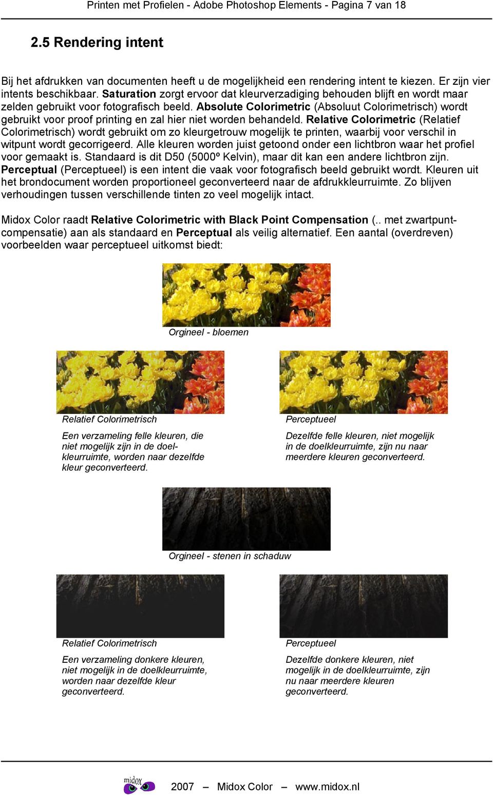 Absolute Colorimetric (Absoluut Colorimetrisch) wordt gebruikt voor proof printing en zal hier niet worden behandeld.