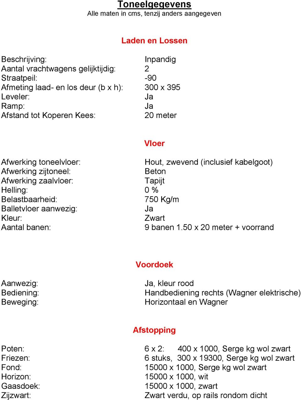 750 Kg/m Balletvloer aanwezig: Kleur: Zwart Aantal banen: 9 banen 1.