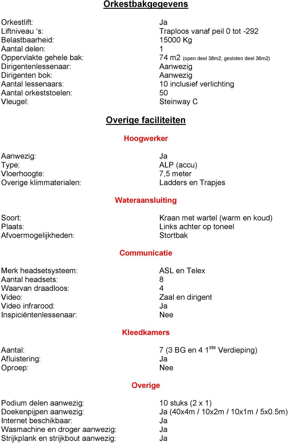 Vloerhoogte: Overige klimmaterialen: ALP (accu) 7,5 meter Ladders en Trapjes Wateraansluiting Soort: Plaats: Afvoermogelijkheden: Kraan met wartel (warm en koud) Links achter op toneel Stortbak