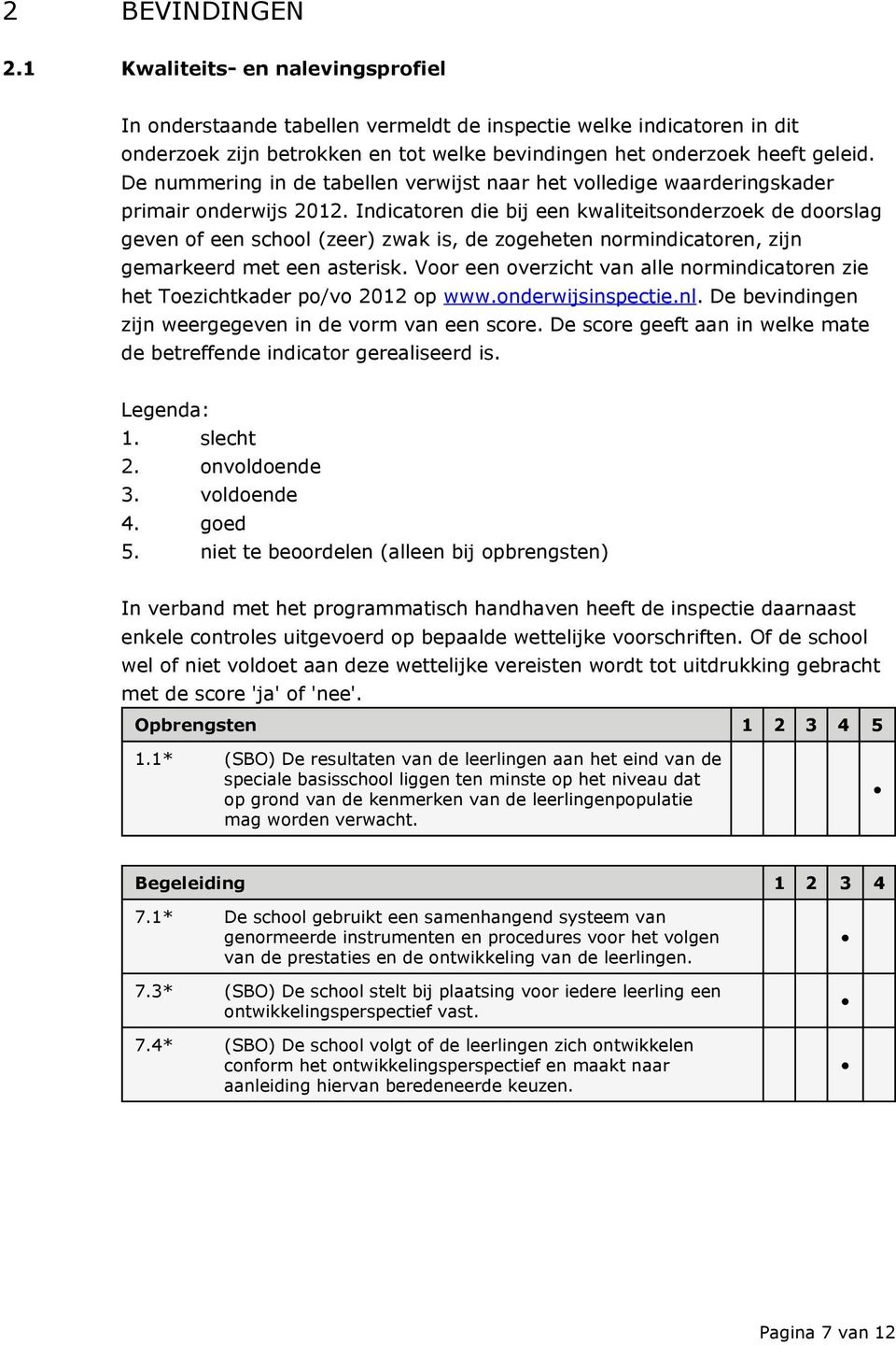 Indicatoren die bij een kwaliteitsonderzoek de doorslag geven of een school (zeer) zwak is, de zogeheten normindicatoren, zijn gemarkeerd met een asterisk.