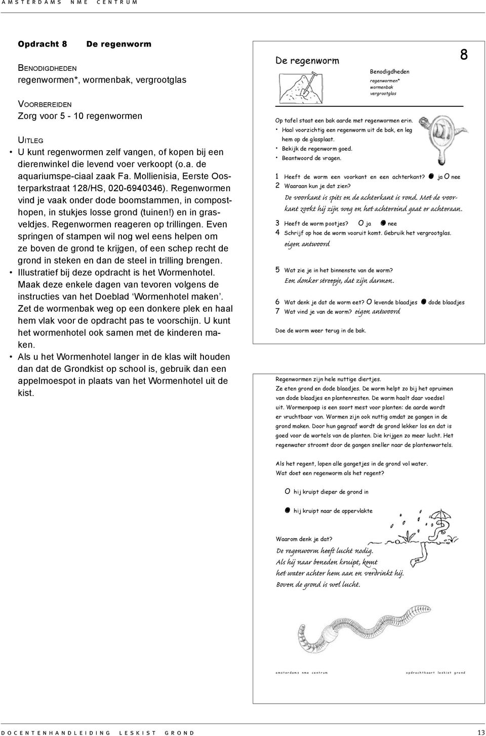 Regenwormen vind je vaak onder dode boomstammen, in composthopen, in stukjes losse grond (tuinen!) en in grasveldjes. Regenwormen reageren op trillingen.