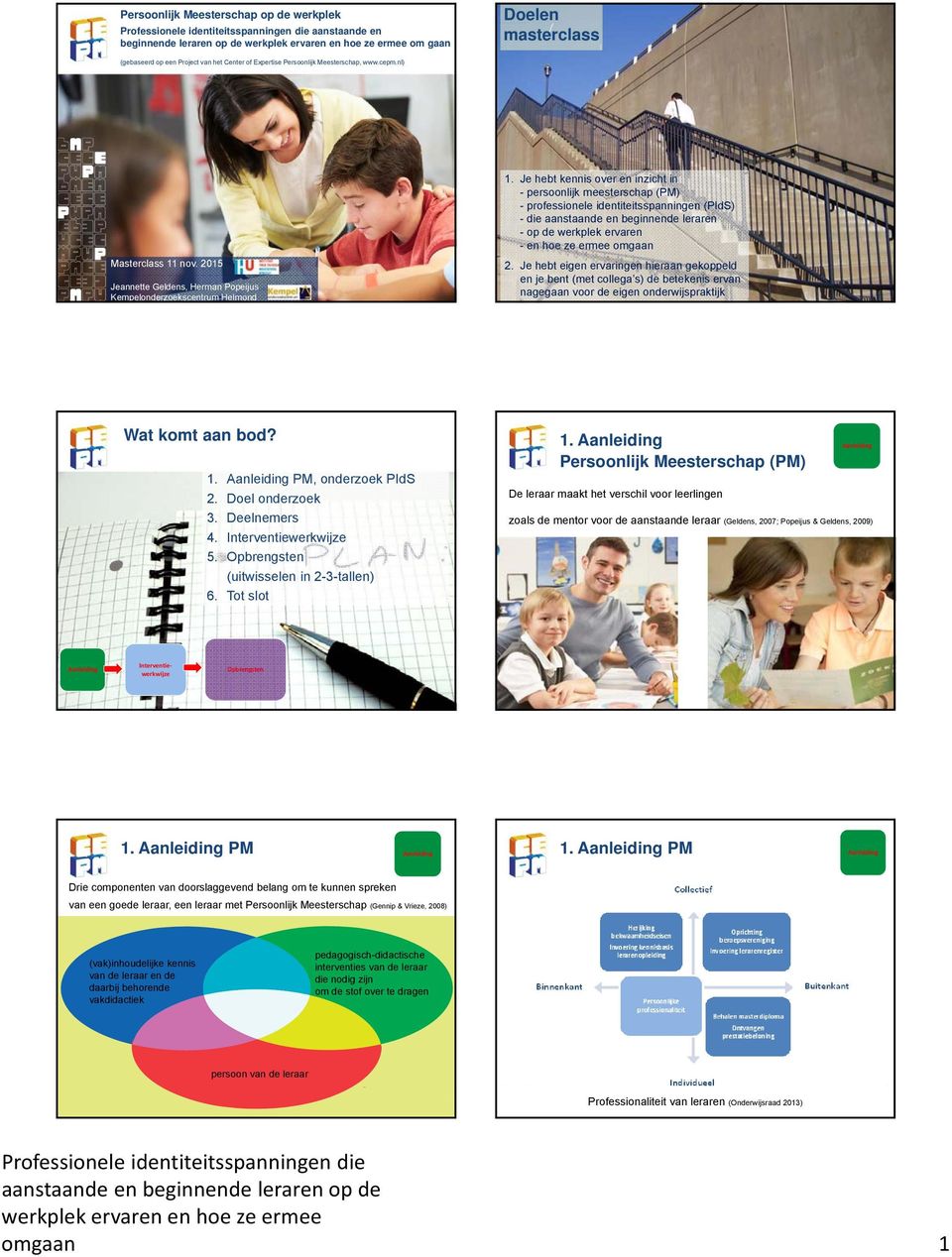 Je hebt kennis over en inzicht in - persoonlijk meesterschap (PM) - professionele identiteitsspanningen (PIdS) - die aanstaande en beginnende leraren - op de werkplek ervaren - en hoe ze ermee omgaan