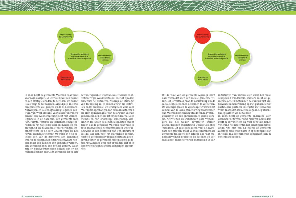 De missie is als volgt te formuleren: Moerdijk is in 2030 een gemeente die, gelegen op de as Rotterdam- Antwerpen én als hoogwaardig logistiek centrum van West-Brabant, voor al haar inwoners een