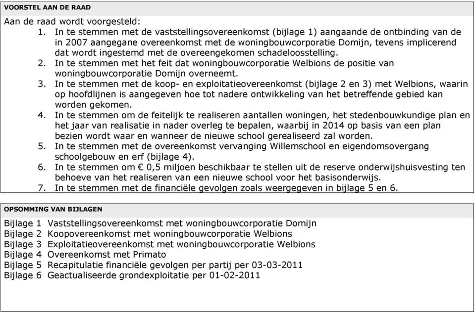 de overeengekomen schadeloosstelling. 2. In te stemmen met het feit dat woningbouwcorporatie Welbions de positie van woningbouwcorporatie Domijn overneemt. 3.