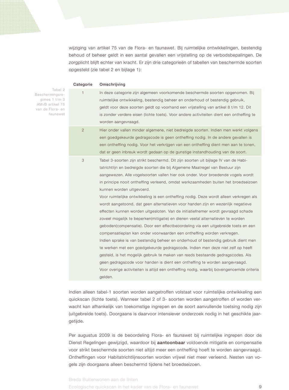 Er zijn drie categorieën of tabellen van beschermde soorten opgesteld (zie tabel 2 en bijlage 1): Tabel 2 Beschermingsregimes 1 t/m 3 AMvB artikel 75 van de Flora- en faunawet Categorie Omschrijving
