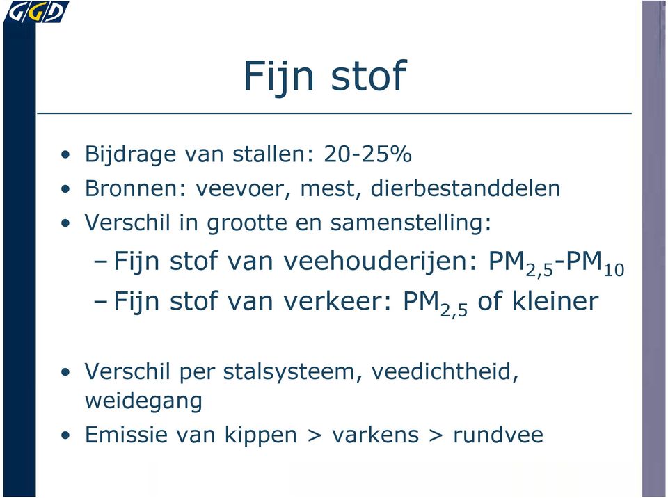 veehouderijen: PM 2,5 -PM 10 Fijn stof van verkeer: PM 2,5 of kleiner