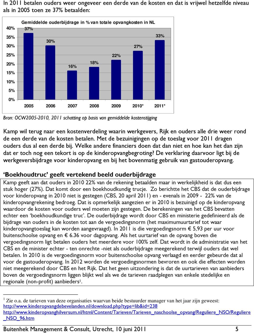 kostenverdeling waarin werkgevers, Rijk en ouders alle drie weer rond de een derde van de kosten betalen. Met de bezuinigingen op de toeslag voor 2011 dragen ouders dus al een derde bij.