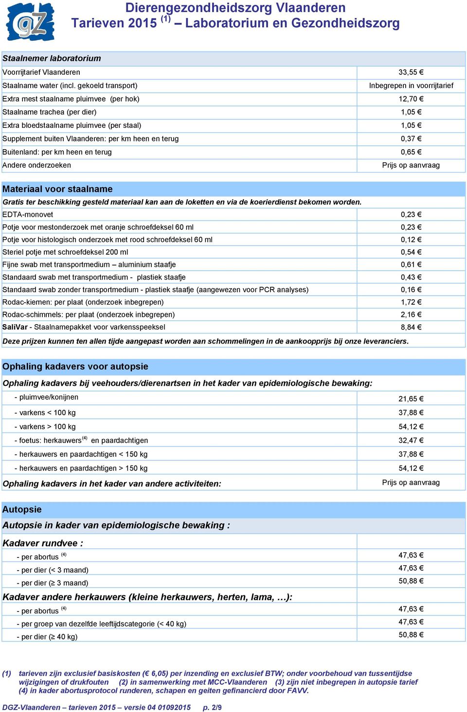 Vlaanderen: per km heen en terug 0,37 Buitenland: per km heen en terug 0,65 Materiaal voor staalname Gratis ter beschikking gesteld materiaal kan aan de loketten en via de koerierdienst bekomen