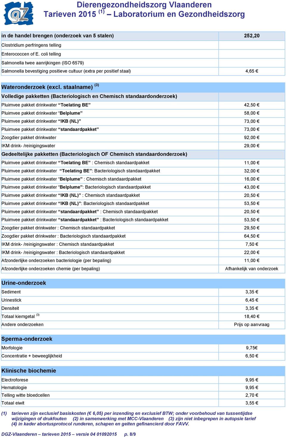 staalname) (3) Volledige pakketten (Bacteriologisch en Chemisch standaardonderzoek) Pluimvee pakket drinkwater Toelating BE 42,50 Pluimvee pakket drinkwater Belplume 58,00 Pluimvee pakket drinkwater