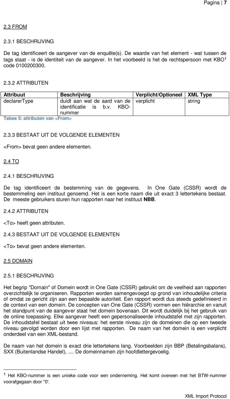 0. 2.3.2 ATTRIBUTEN Attribuut Beschrijving Verplicht/Optioneel XML Type declarertype duidt aan wat de aard van de verplicht string identificatie is b.v. KBOnummer Tabee 5: attributen van <From> 2.3.3 BESTAAT UIT DE VOLGENDE ELEMENTEN <From> bevat geen andere elementen.