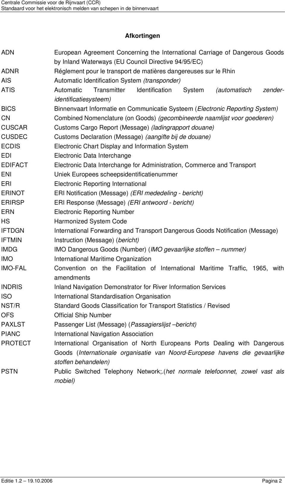 zenderidentificatiesysteem) BICS Binnenvaart Informatie en Communicatie Systeem (Electronic Reporting System) CN Combined Nomenclature (on Goods) (gecombineerde naamlijst voor goederen) CUSCAR