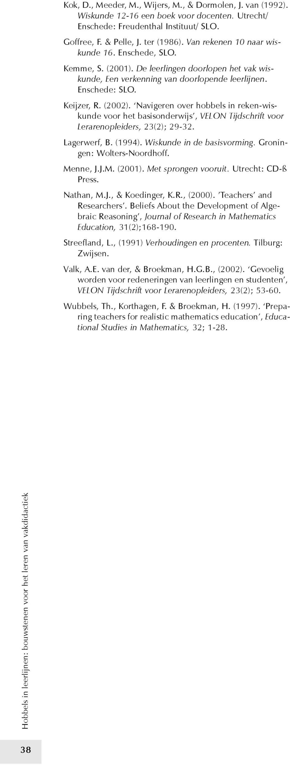 Navigeren over hobbels in reken-wiskunde voor het basisonderwijs, VELON Tijdschrift voor Lerarenopleiders, 23(2); 29-32. Lagerwerf, B. (1994). Wiskunde in de basisvorming.