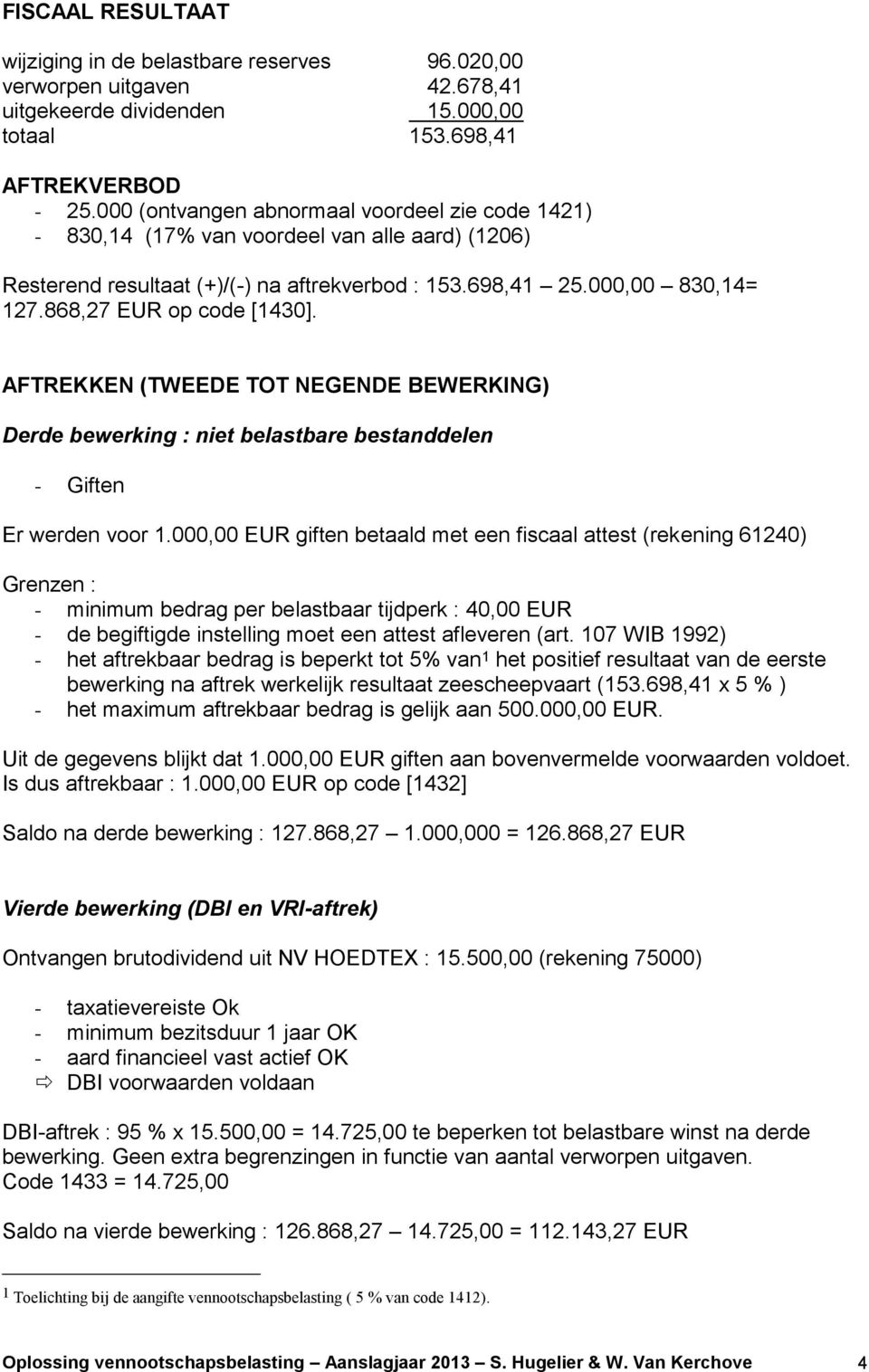 868,27 EUR op code [1430]. AFTREKKEN (TWEEDE TOT NEGENDE BEWERKING) Derde bewerking : niet belastbare bestanddelen - Giften Er werden voor 1.