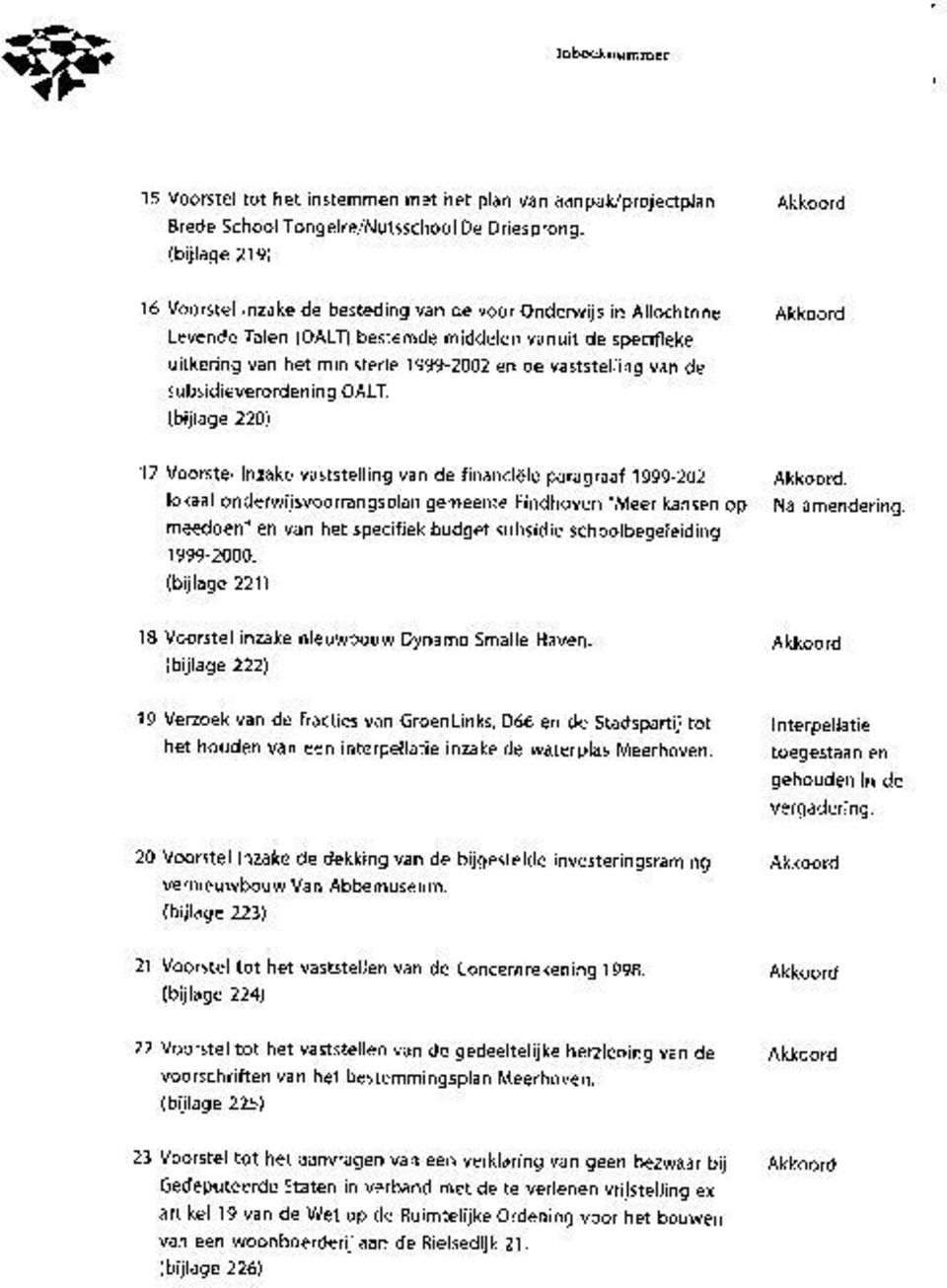 van de subsidieverordening OALT. (bijlage 220) 17 Voorstel inzake vaststelling van de financiele paragraaf 1999-202. lokaal onderwijsvoorrangsplan gemeente Eindhoven "Meer kansen op Na amendering.