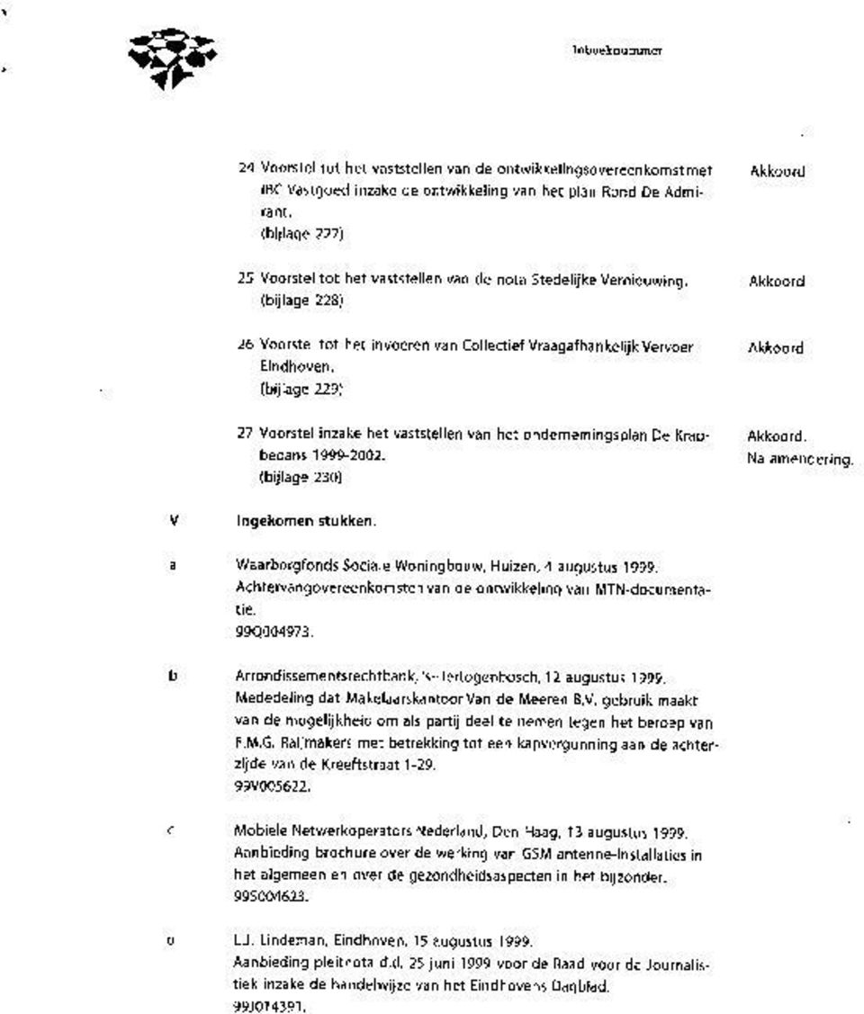 (bijlage 229) 27 Voorstel inzake het vaststellen van het ondernemingsplan De Krabbedans 1999-2002. (bijlage 230). Na amendering. Ingekomen stukken.