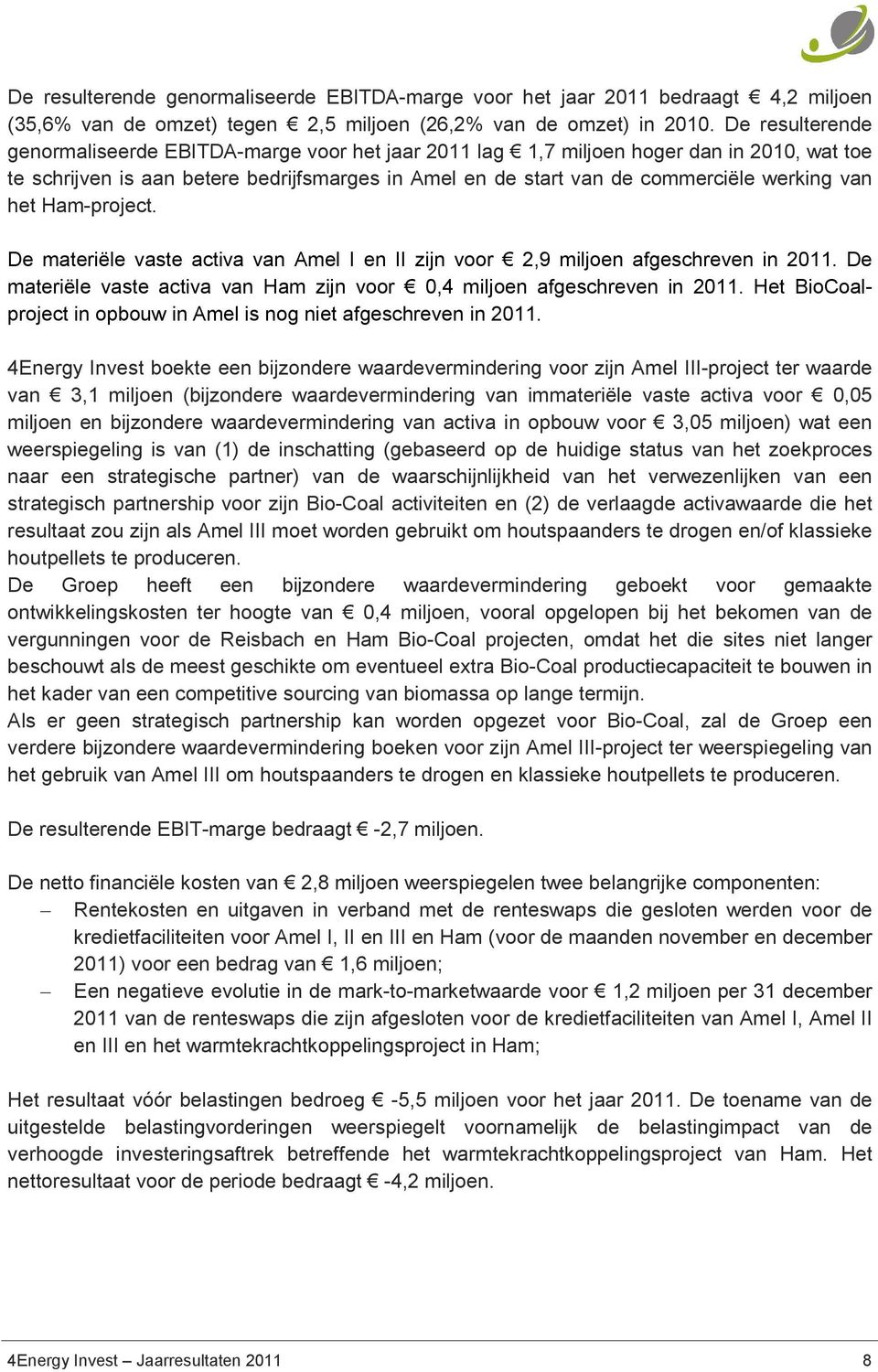 het Ham-project. De materiële vaste activa van Amel I en II zijn voor 2,9 miljoen afgeschreven in 2011. De materiële vaste activa van Ham zijn voor 0,4 miljoen afgeschreven in 2011.