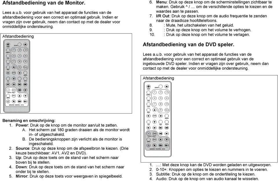 Gebruik ^ / om de verschillende opties te kiezen en de waardes aan te passen. 7. I/R Out: Druk op deze knop om de audio frequentie te zenden naar de draadloze hoofdtelefoons. 8.