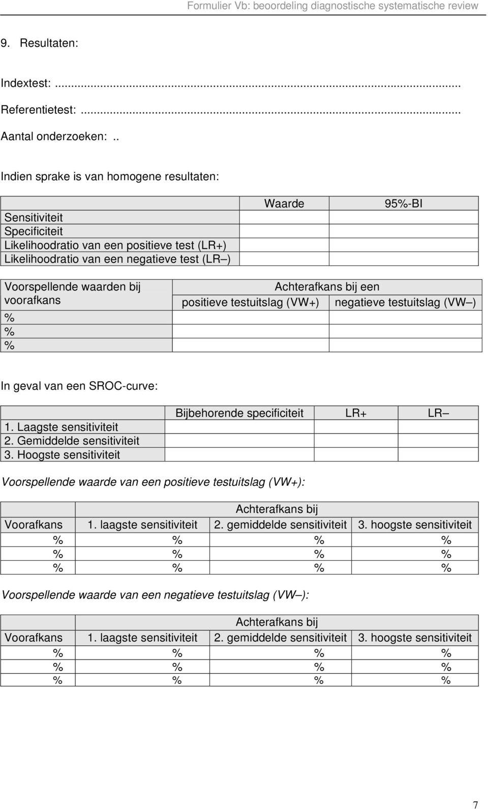 bij Achterafkans bij een voorafkans positieve testuitslag (VW+) negatieve testuitslag (VW ) % % % In geval van een SROC-curve: 1. Laagste sensitiviteit 2. Gemiddelde sensitiviteit 3.