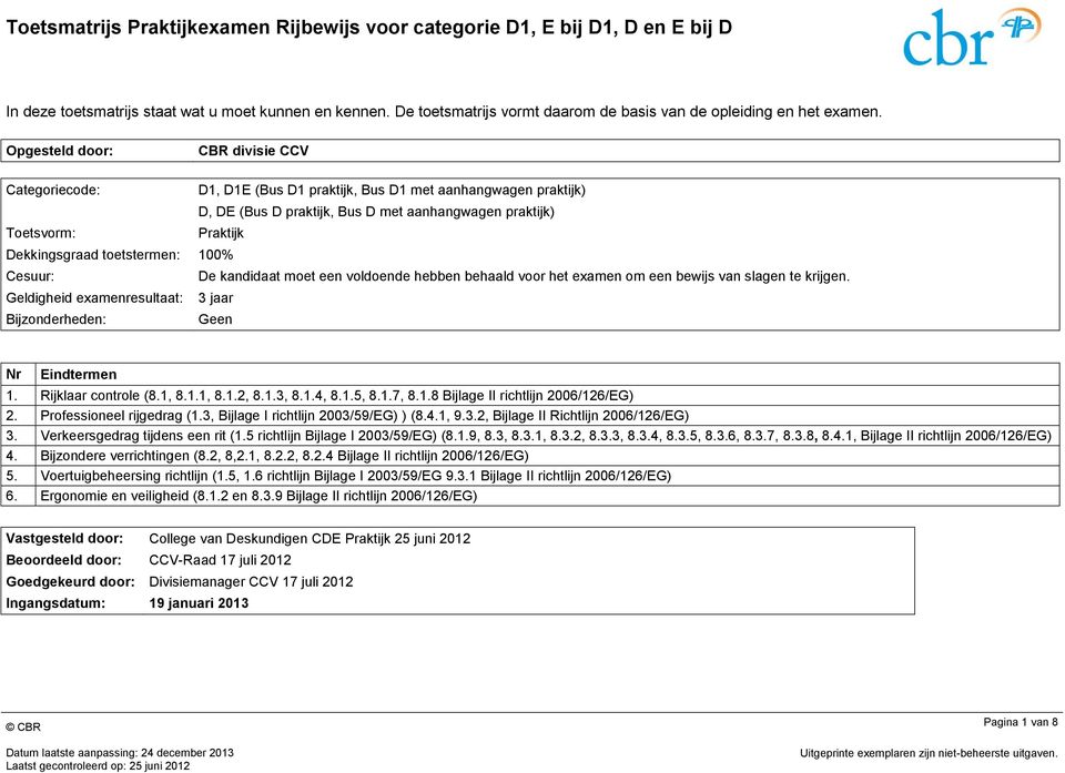 Opgesteld door: CB divisie CCV Categoriecode: D1, D1E (Bus D1 praktijk, Bus D1 met aanhangwagen praktijk) D, DE (Bus D praktijk, Bus D met aanhangwagen praktijk) Toetsvorm: Praktijk Dekkingsgraad