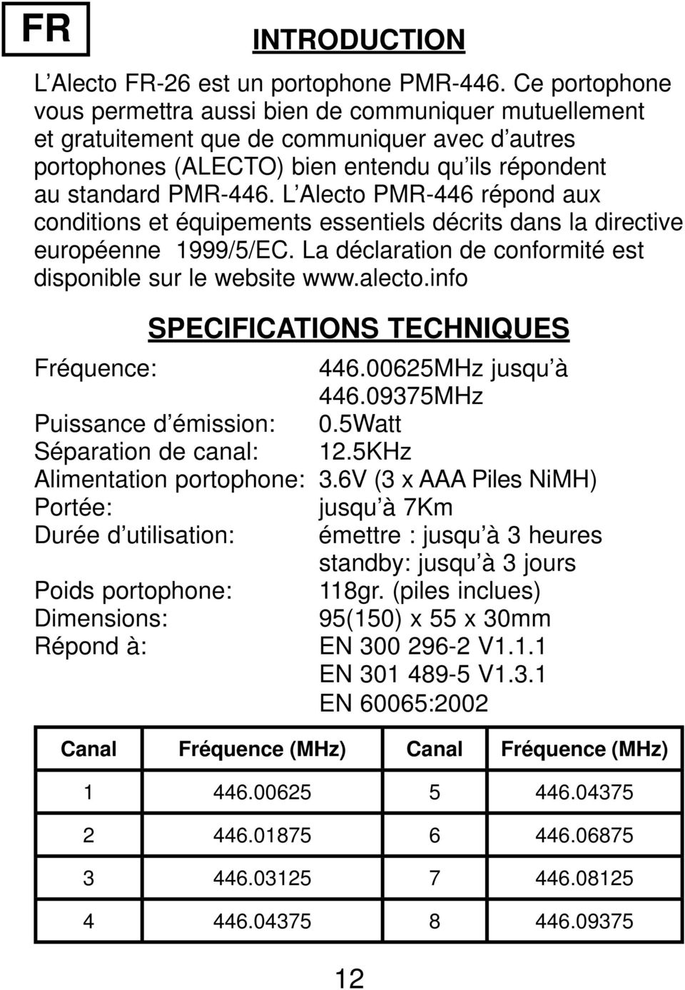 L Alecto PMR-446 répond aux conditions et équipements essentiels décrits dans la directive européenne 1999/5/EC. La déclaration de conformité est disponible sur le website www.alecto.