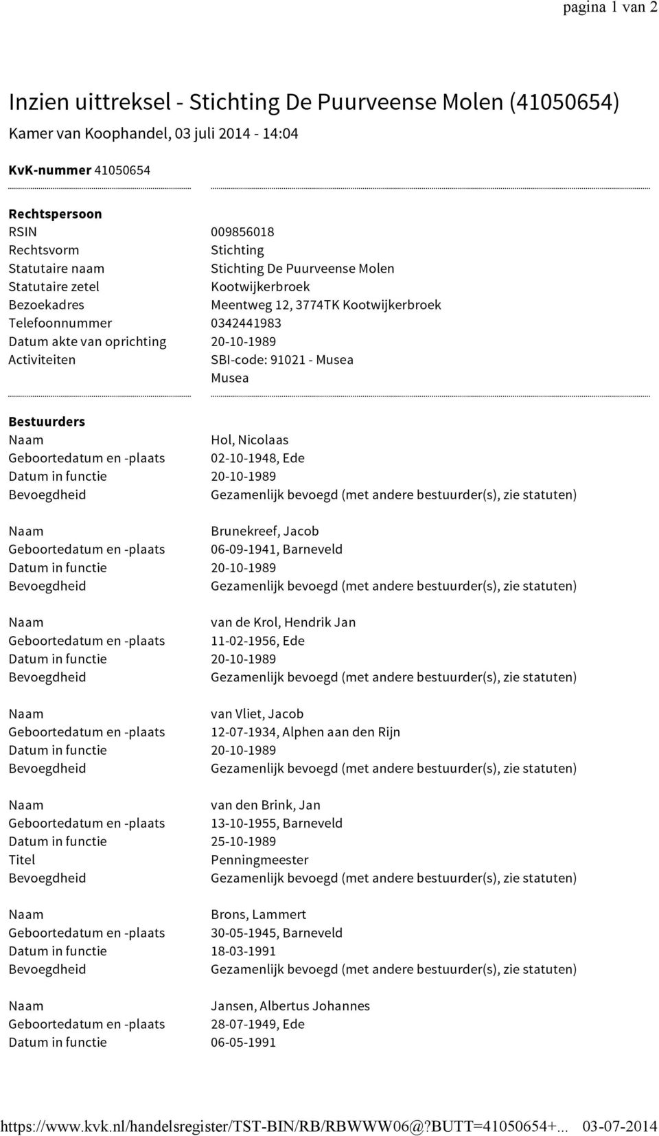 SBI-code: 91021 - Musea Musea Bestuurders Hol, Nicolaas Geboortedatum en -plaats 02-10-1948, Ede Brunekreef, Jacob Geboortedatum en -plaats 06-09-1941, Barneveld van de Krol, Hendrik Jan