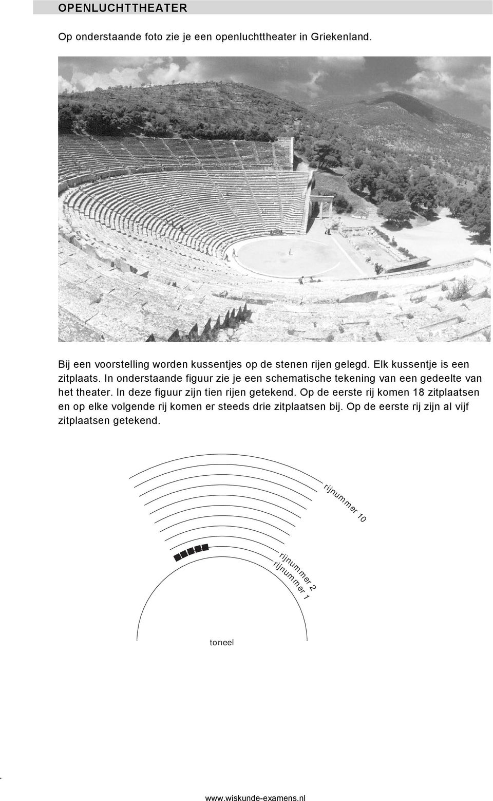 gedeelte van het theater In deze figuur zijn tien rijen getekend Op de eerste rij komen 18 zitplaatsen en op elke volgende