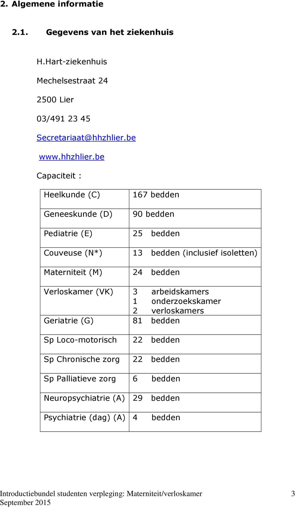 be Capaciteit : Heelkunde (C) Geneeskunde (D) Pediatrie (E) Couveuse (N*) Materniteit (M) 167 bedden 90 bedden 25 bedden 13 bedden (inclusief isoletten)