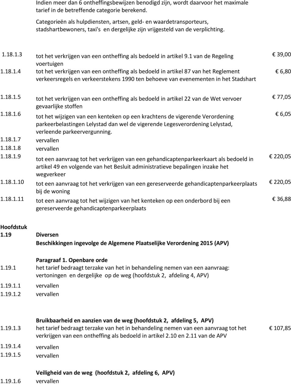 18.1.3 tot het verkrijgen van een ontheffing als bedoeld in artikel 9.1 van de Regeling voertuigen 1.18.1.4 tot het verkrijgen van een ontheffing als bedoeld in artikel 87 van het Reglement verkeersregels en verkeerstekens 1990 ten behoeve van evenementen in het Stadshart 1.