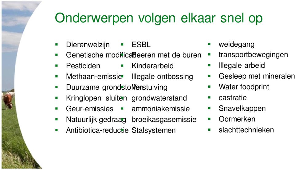 grondwaterstand Geur-emissies ammoniakemissie Natuurlijk gedraag broeikasgasemissie Antibiotica-reductie