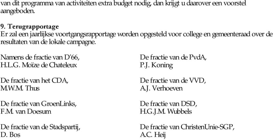 campagne. Namens de fractie van D'66, H.L.G. Moïze de Chateleux De fractie van het CDA, M.W.M. Thus De fractie van GroenLinks, F.M. van Doesum De fractie van de Stadspartij, D.