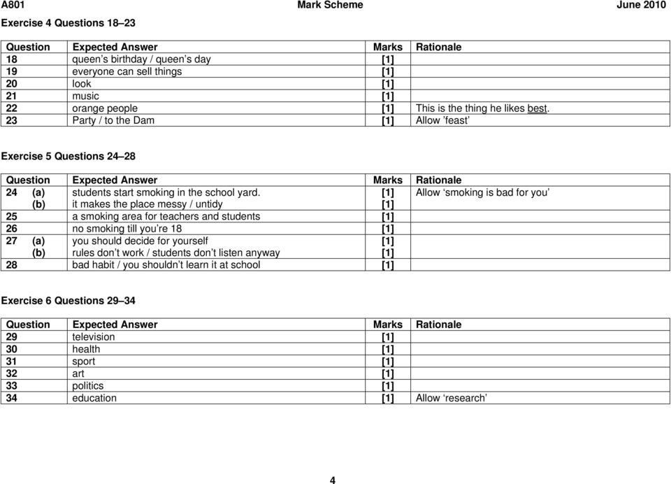 [1] Allow smoking is bad for you (b) it makes the place messy / untidy [1] 25 a smoking area for teachers and students [1] 26 no smoking till you re 18 [1] 27 (a) (b) you should decide for yourself