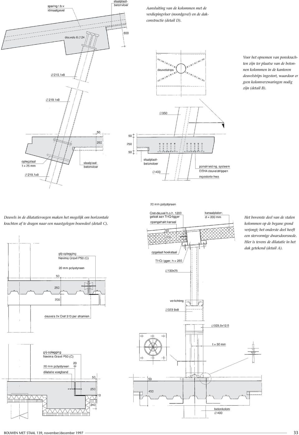 zijn (detail B). Deuvels in de dilatatievoegen maken het mogelijk om horizontale krachten af te dragen naar een naastgelegen bouwdeel (detail C).