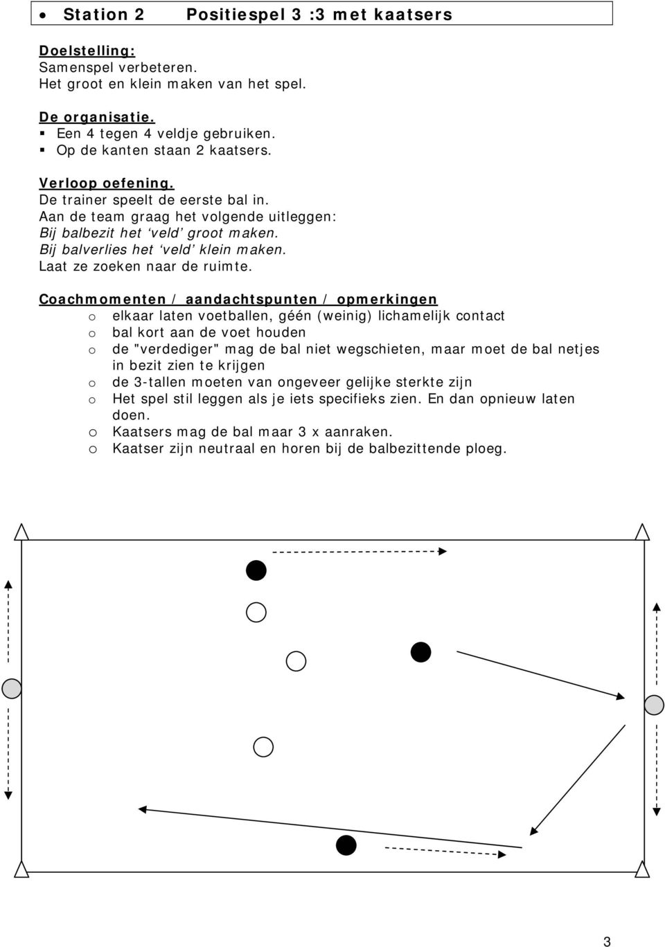 Coachmomenten / aandachtspunten / opmerkingen o elkaar laten voetballen, géén (weinig) lichamelijk contact o bal kort aan de voet houden o de "verdediger" mag de bal niet wegschieten, maar moet de