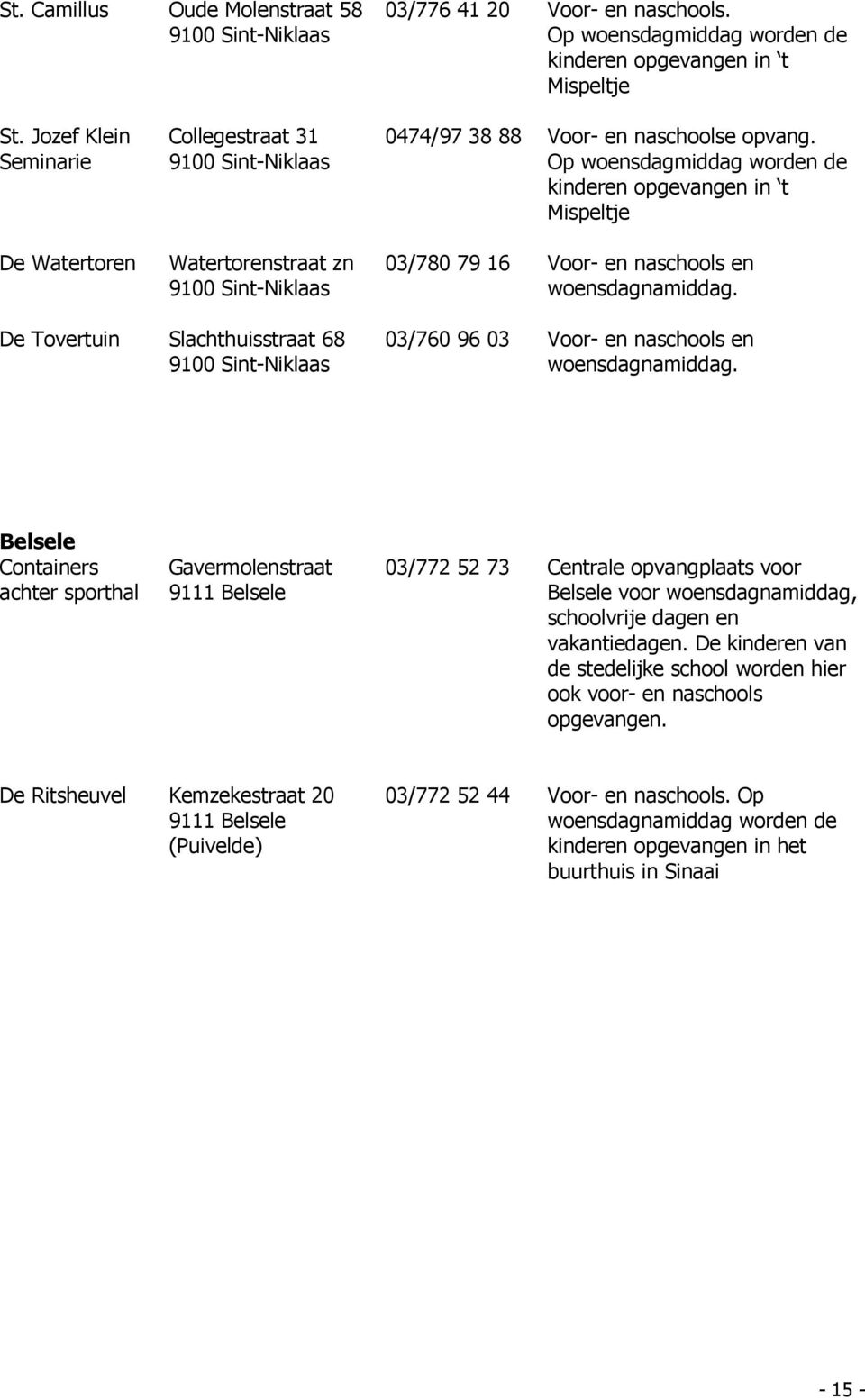 Op woensdagmiddag worden de kinderen opgevangen in t Mispeltje 03/780 79 16 Voor- en naschools en woensdagnamiddag.