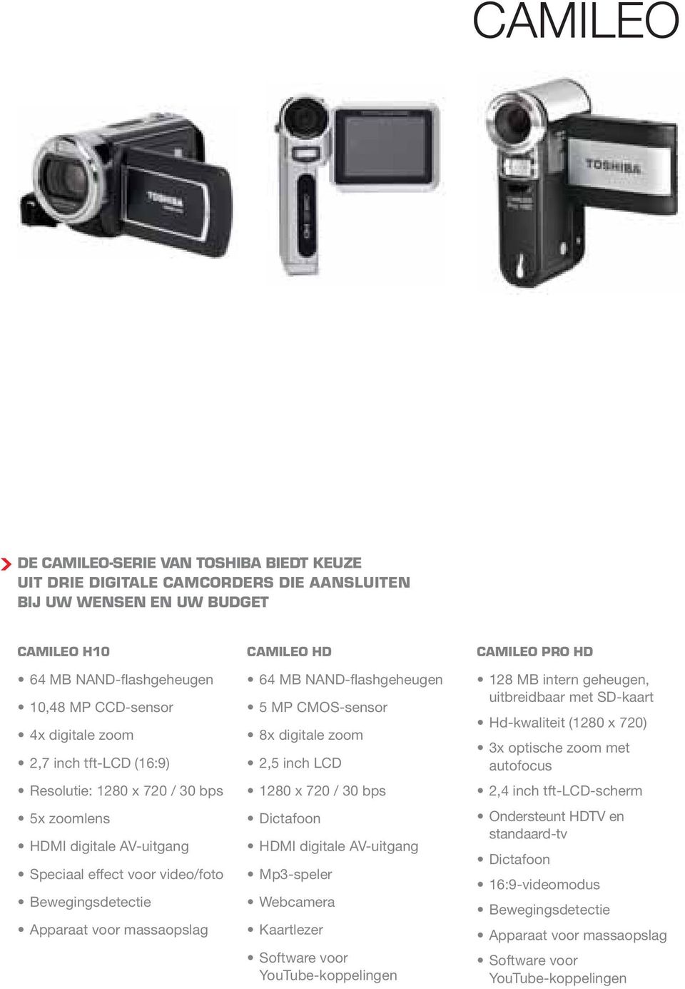 CMOS-sensor 8x digitale zoom 2,5 inch LCD 1280 x 720 / 30 bps Dictafoon HDMI digitale AV-uitgang Mp3-speler Webcamera Kaartlezer Software voor YouTube-koppelingen CAMILEO PRO HD 128 MB intern
