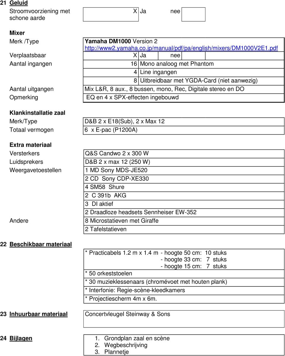 , 8 bussen, mono, Rec, Digitale stereo en DO Opmerking EQ en 4 x SPX-effecten ingebouwd Klankinstallatie zaal Merk/Type D&B 2 x E18(Sub), 2 x Max 12 Totaal vermogen 6 x E-pac (P1200A) Extra materiaal