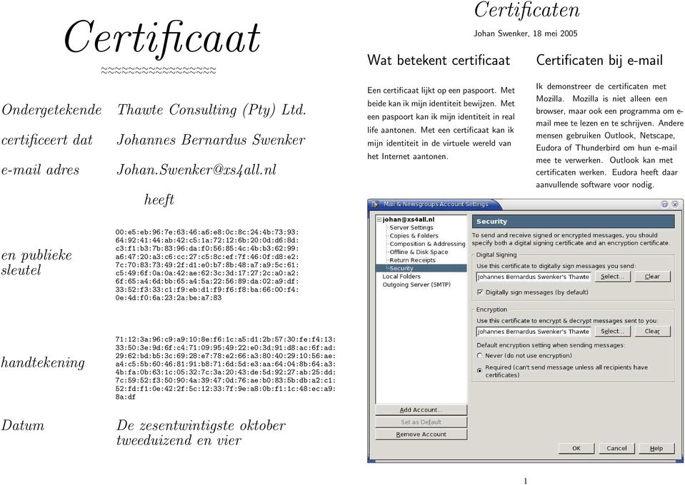 Met een certificaat kan ik mijn identiteit in de virtuele wereld van het Internet aantonen. Certificaten Johan Swenker, 18 mei 2005 Certificaten bij e-mail Ik demonstreer de certificaten met Mozilla.