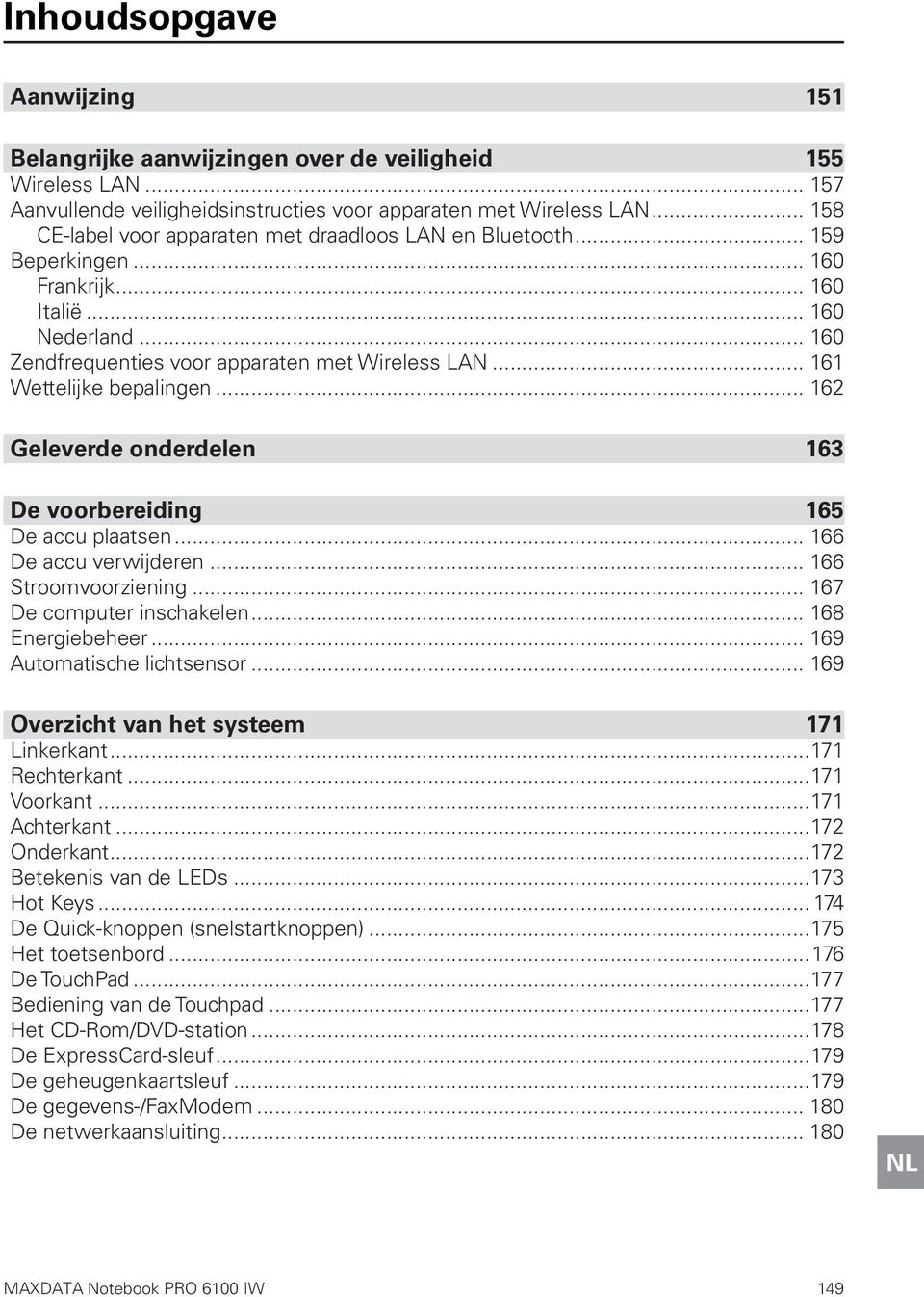 .. 161 Wettelijke bepalingen... 162 Geleverde onderdelen 163 De voorbereiding 165 De accu plaatsen... 166 De accu verwijderen... 166 Stroomvoorziening... 167 De computer inschakelen.