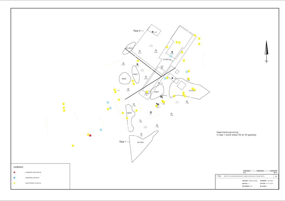 herstructurering in fase 1 wordt alleen K3 en K4 gesloopt Fase 1 struiken LEGENDA: nestplaats gierzwaluw 0 m 25 m nestplaats spreeuw TITEL: Kaart met