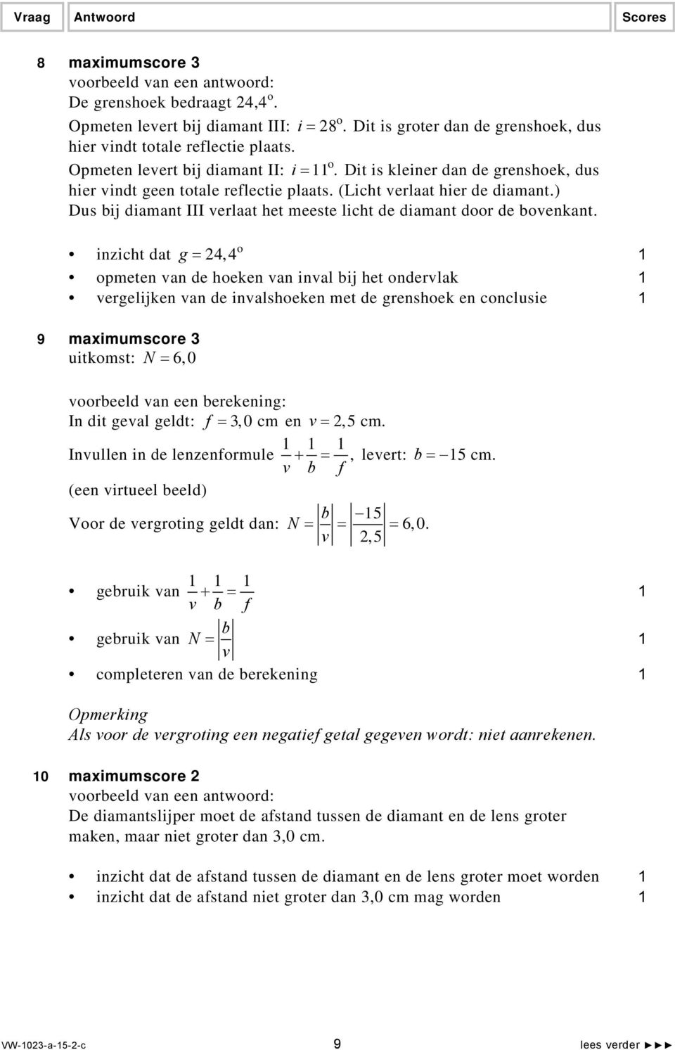 o inzicht dat g = 4, 4 opmeten van de hoeken van inval bij het ondervlak vergelijken van de invalshoeken met de grenshoek en conclusie 9 maximumscore 3 uitkomst: N = 6,0 voorbeeld van een berekening: