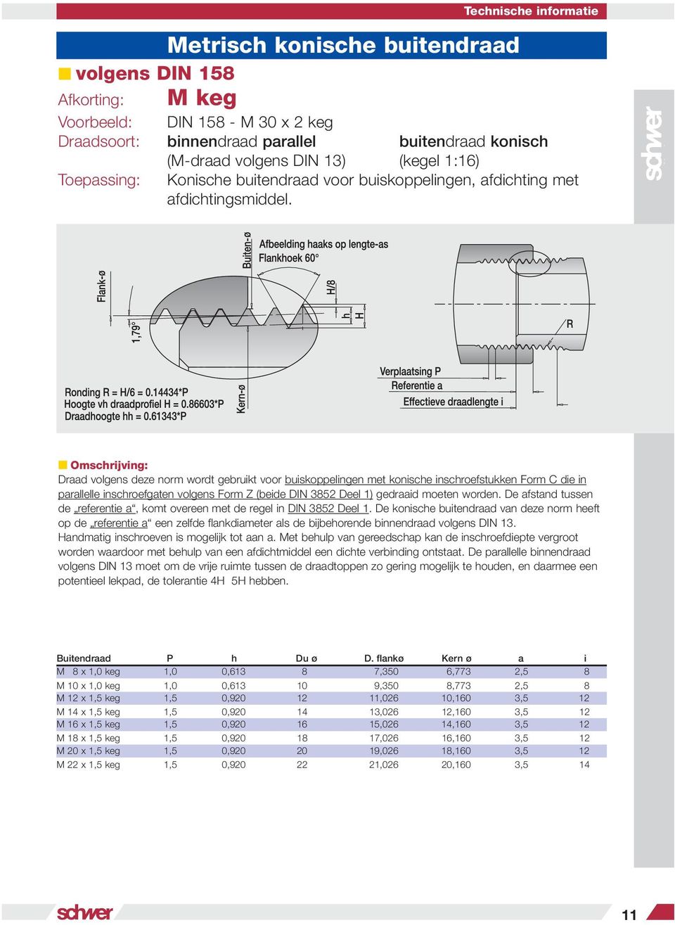 Omschrijving: Draad volgens deze norm wordt gebruikt voor buiskoppelingen met konische inschroefstukken Form C die in parallelle inschroefgaten volgens Form Z (beide DIN 3852 Deel 1) gedraaid moeten