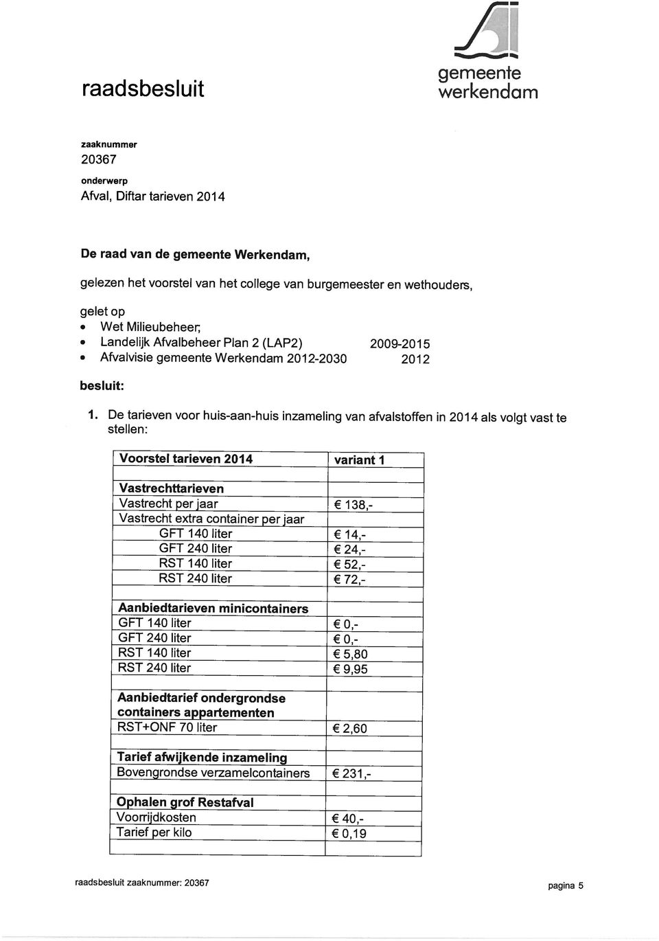 De tarieven voor huis-aan-huis inzameling van afvalstoffen in 2014 als volgt vast te stellen: Voorstel tarieven 2014 variant 1 Vastrechttarieven Vastrecht per jaar Vastrecht extra container per jaar