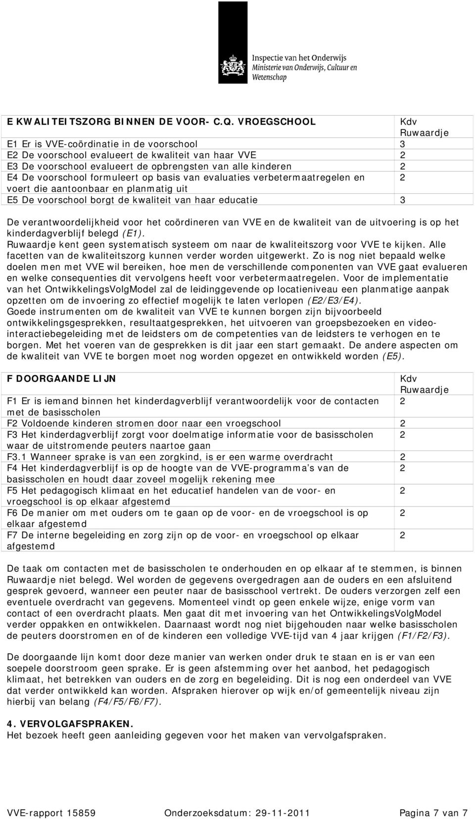 basis van evaluaties verbetermaatregelen en voert die aantoonbaar en planmatig uit E5 De voorschool borgt de kwaliteit van haar educatie 3 De verantwoordelijkheid voor het coördineren van VVE en de